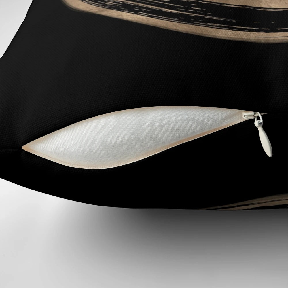A gold pillow featuring a minimalist enso circle and bonsai tree design, perfect for zen-inspired home decor.