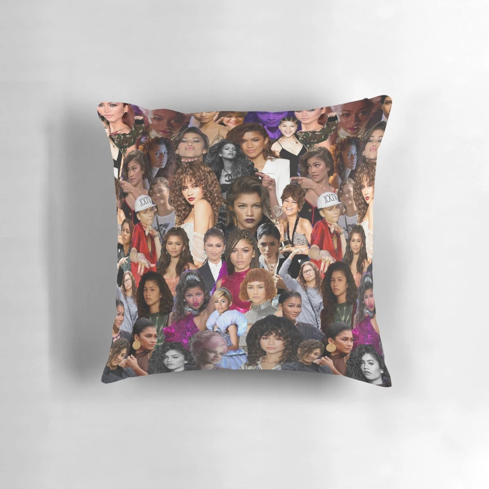 Zendaya Collage Pillow featuring scenes from Euphoria, Spider-Man, and other iconic roles