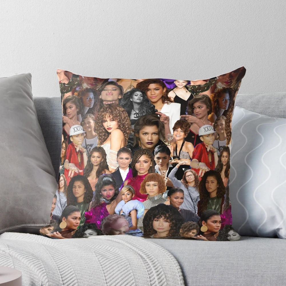 Zendaya Collage Pillow featuring scenes from Euphoria, Spider-Man, and other iconic roles