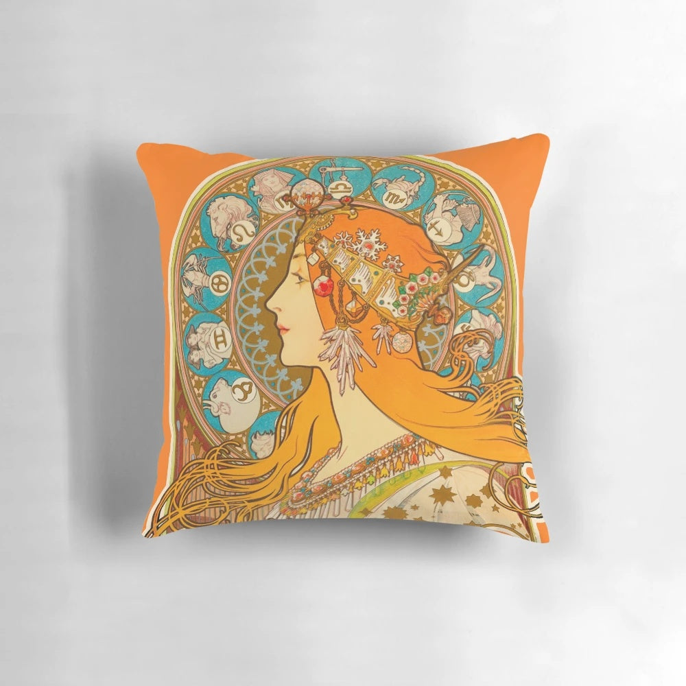 Zodiac (1896) by Alphonse Mucha - Art Nouveau style decorative pillow with celestial and astrological motifs