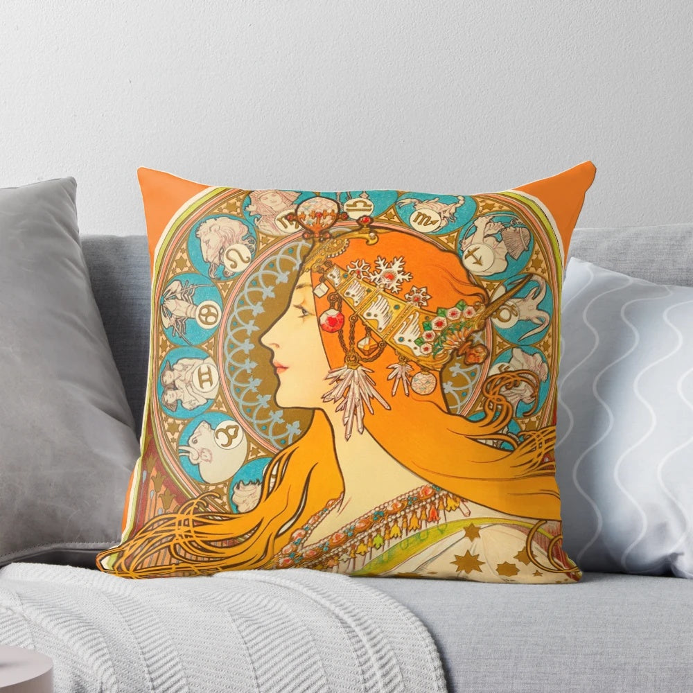 Zodiac (1896) by Alphonse Mucha - Art Nouveau style decorative pillow with celestial and astrological motifs