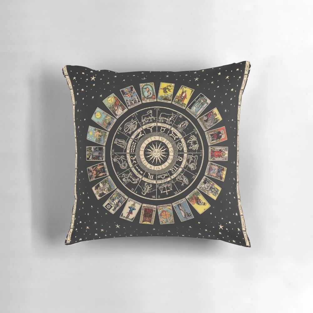 Decorative throw pillow featuring a zodiac wheel and major arcana tarot card designs