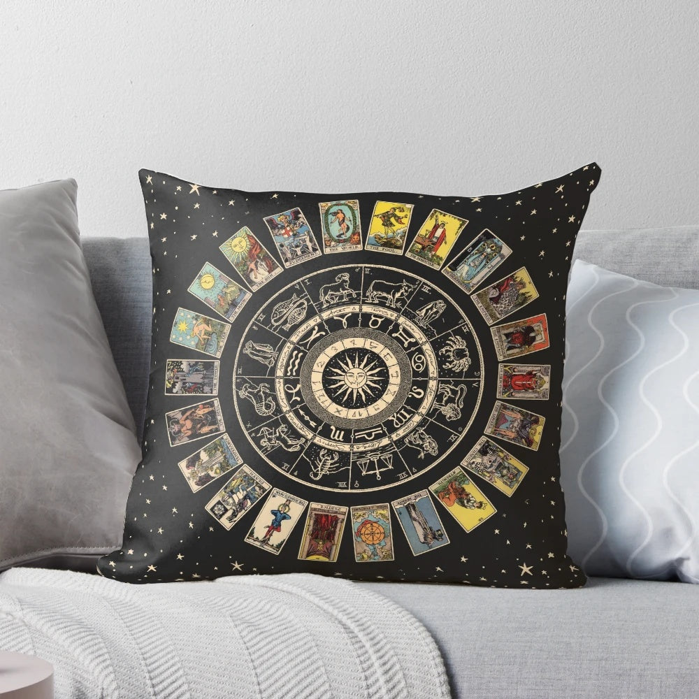 Decorative throw pillow featuring a zodiac wheel and major arcana tarot card designs