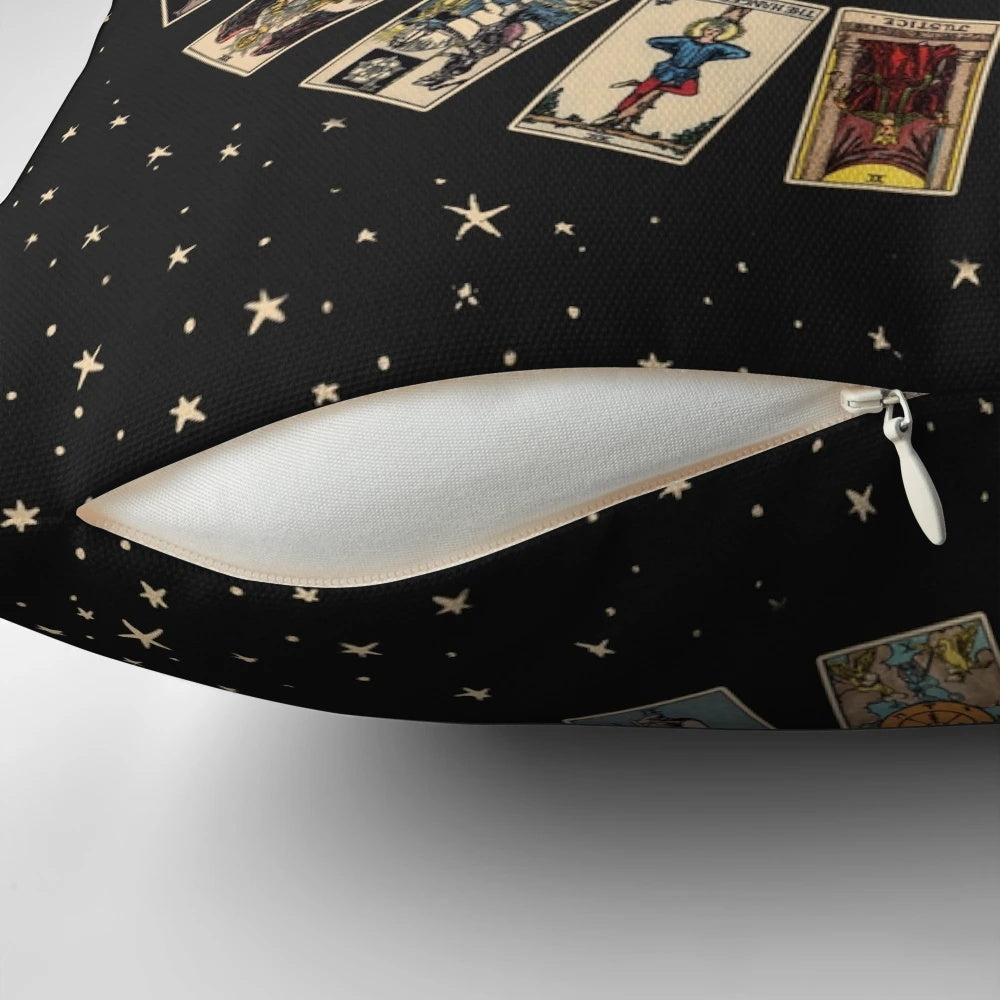 Decorative throw pillow featuring a zodiac wheel and major arcana tarot card designs