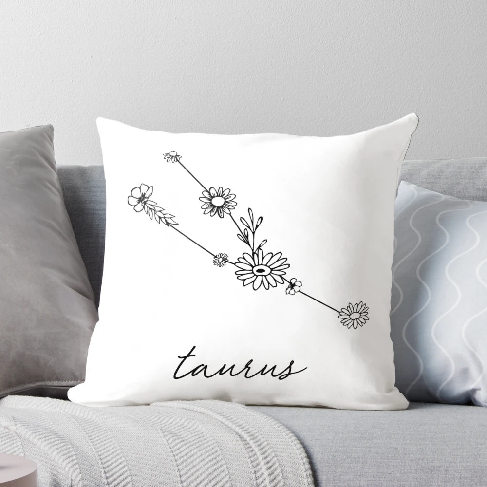 Taurus zodiac sign wildflower constellation pillow with starry night background