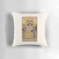 A decorative pillow featuring a whimsical raccoon tarot card design with astrological and fantasy elements.