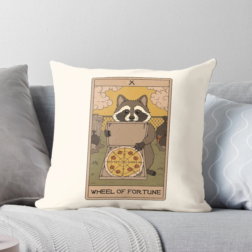 A decorative pillow featuring a whimsical raccoon tarot card design with astrological and fantasy elements.