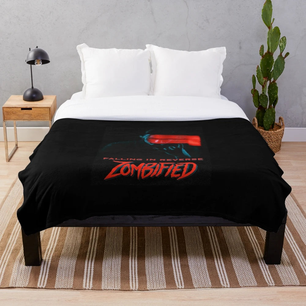 Zombified plush blanket with emo and punk rock music inspired design