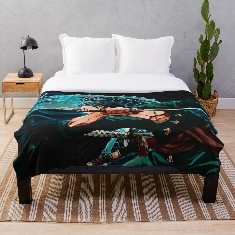 Zoro-inspired plush blanket with anime graphic design