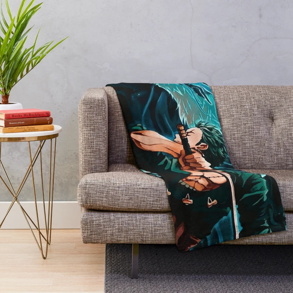 Zoro-inspired plush blanket with anime graphic design
