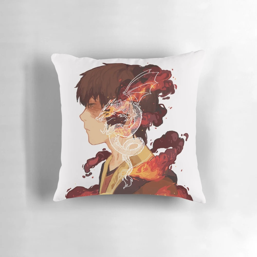 Zuko-inspired pillow featuring a firebender and dragon design, perfect for Avatar the Last Airbender fans.