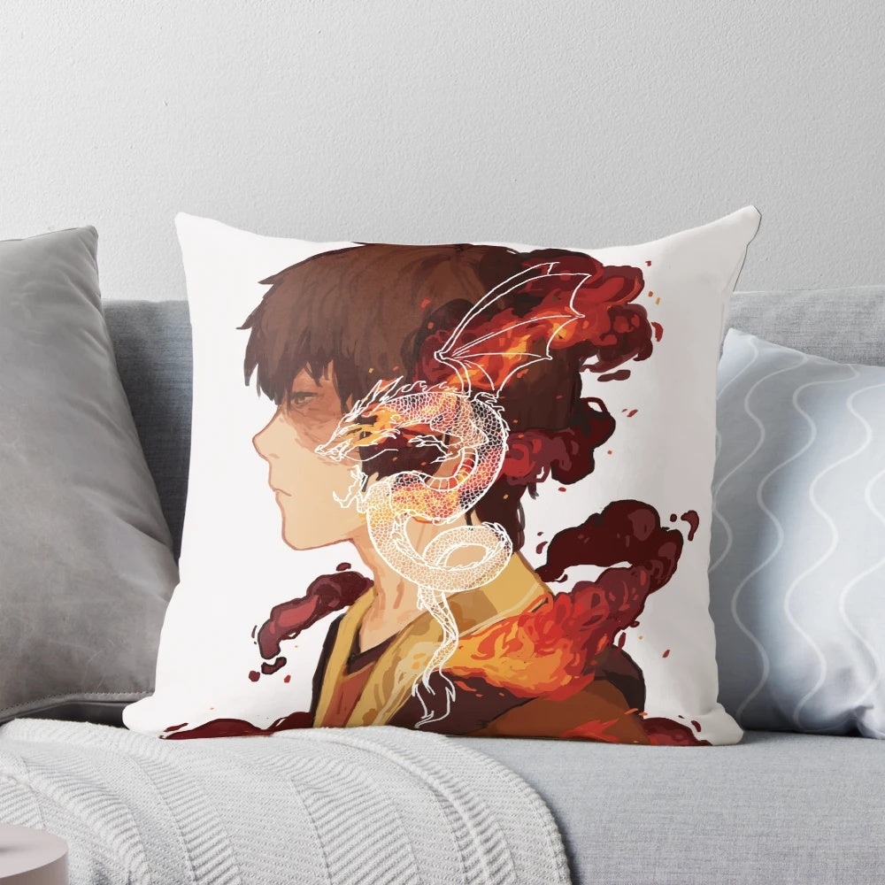 Zuko-inspired pillow featuring a firebender and dragon design, perfect for Avatar the Last Airbender fans.